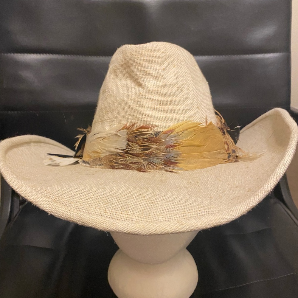 Vintage VTG Resistol Beige Ivory Canvas Western‎ Cowboy Hat Feathers - Picture 3 of 4